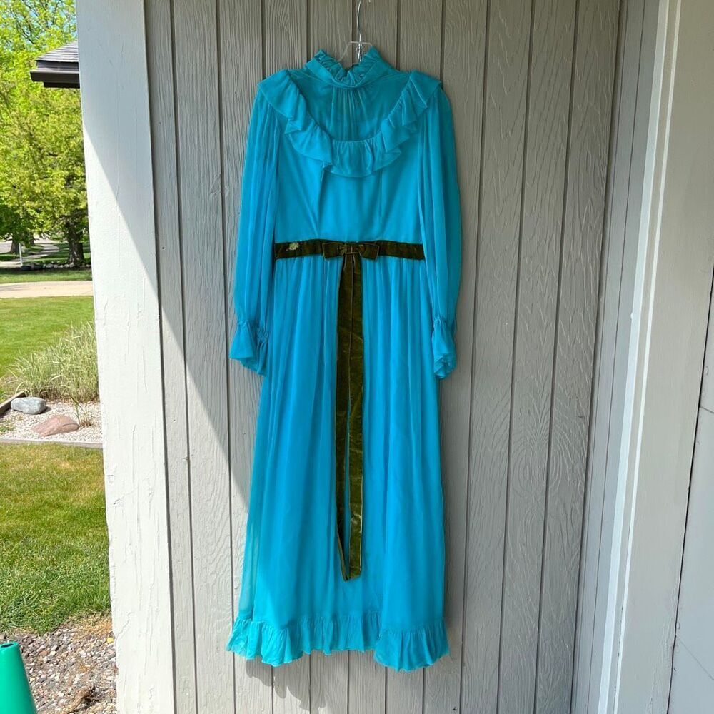 VTG 60s 70s Turquoise Chiffon Prairie Maxi Dress Velvet Ribbon Fairycore Boho